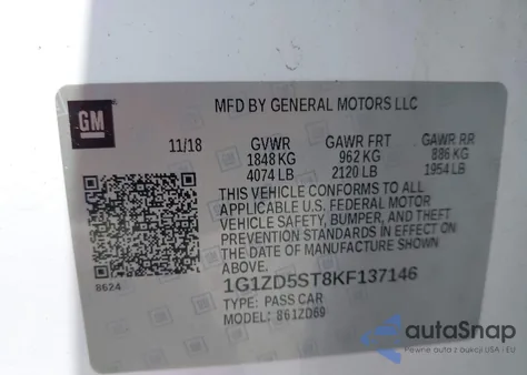 2019 Chevrolet Malibu Lt z USA, uszkodzony, nr VIN 1G1ZD5ST8KF137146